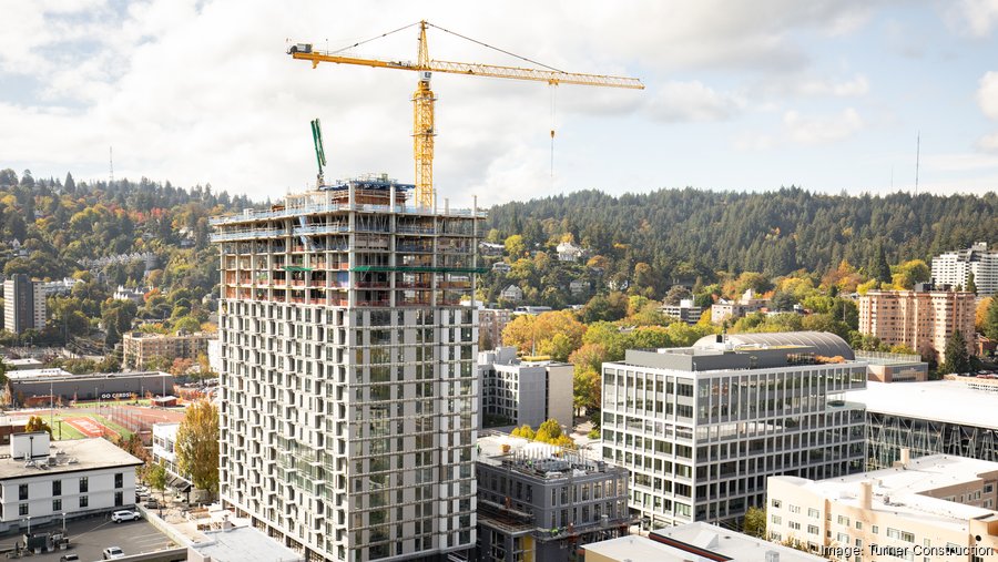 Aerial image of Byline, Press Blocks residential tower project in the Stadium District of Portland, Oregon.